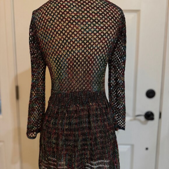 Womens Open Weave Tunic Sweater Jacket M/L Crochet Front Tie Multicolor - Picture 6 of 8